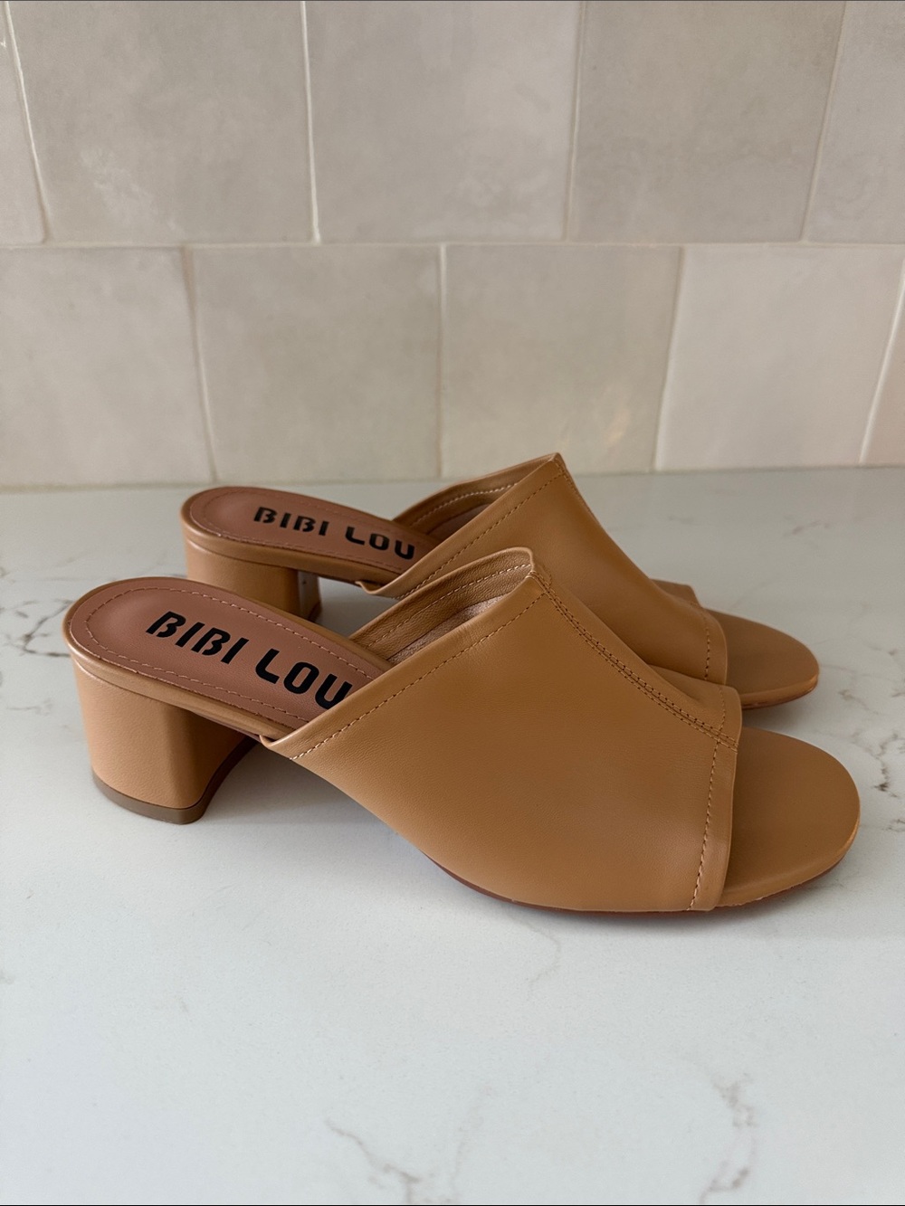 Bibi Lou Tan Open-Toe Leather Mule with Block Heel